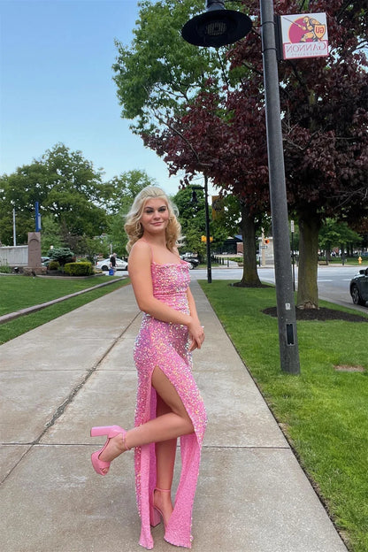 Dress Spaghetti Straps Cowl Neck Pink Sequin Mermaid Formal Dress With Slit Maxi Dress Prom Dress