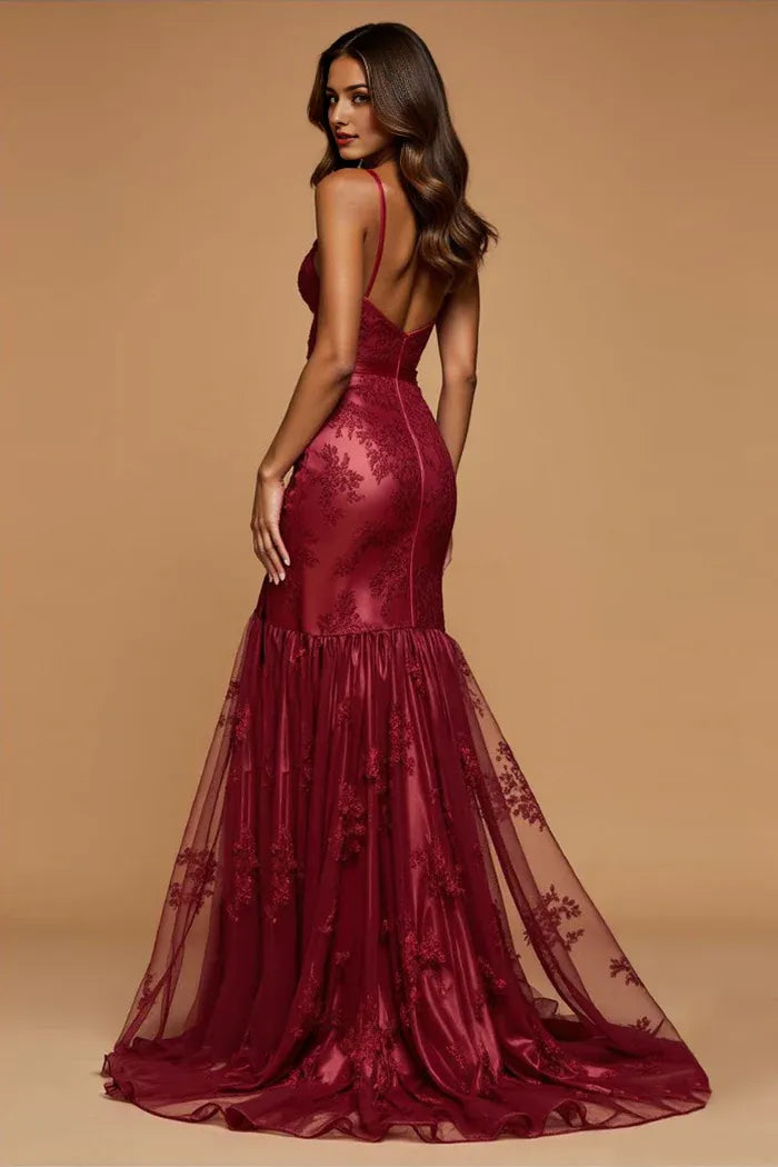 Dress Spaghetti Straps Dark Red Mermaid Deep V-Neck Lace Sleeveless Prom Dress With Backless