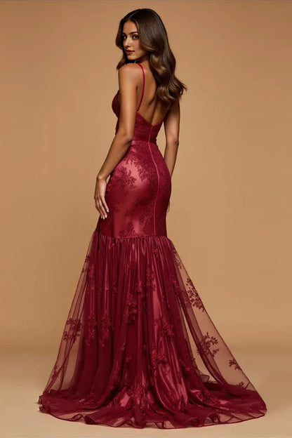 Dress Spaghetti Straps Dark Red Mermaid Deep V-Neck Lace Sleeveless Prom Dress With Backless