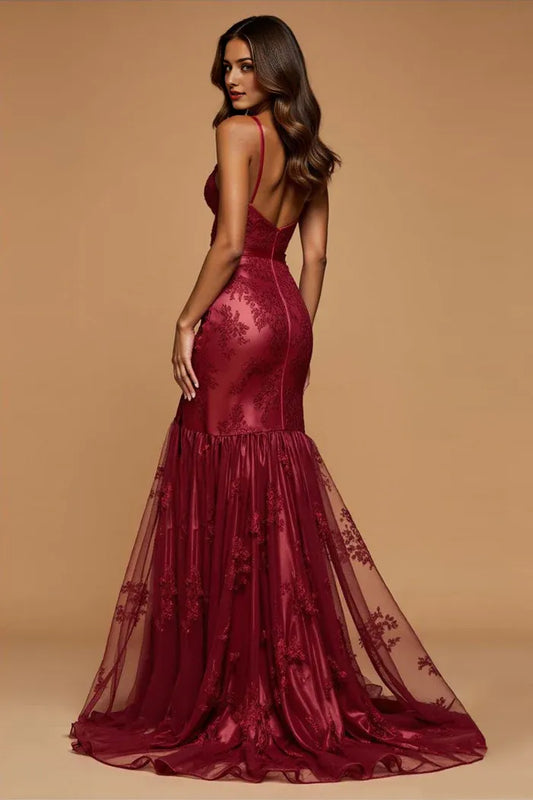 Dress Spaghetti Straps Dark Red Mermaid Deep V-Neck Lace Sleeveless Prom Dress With Backless