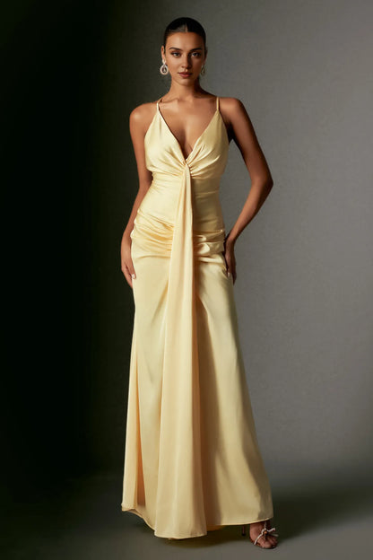 Dress Spaghetti Straps Deep V Halter Satin Maxi Dress With Hight Slit Prom Dress
