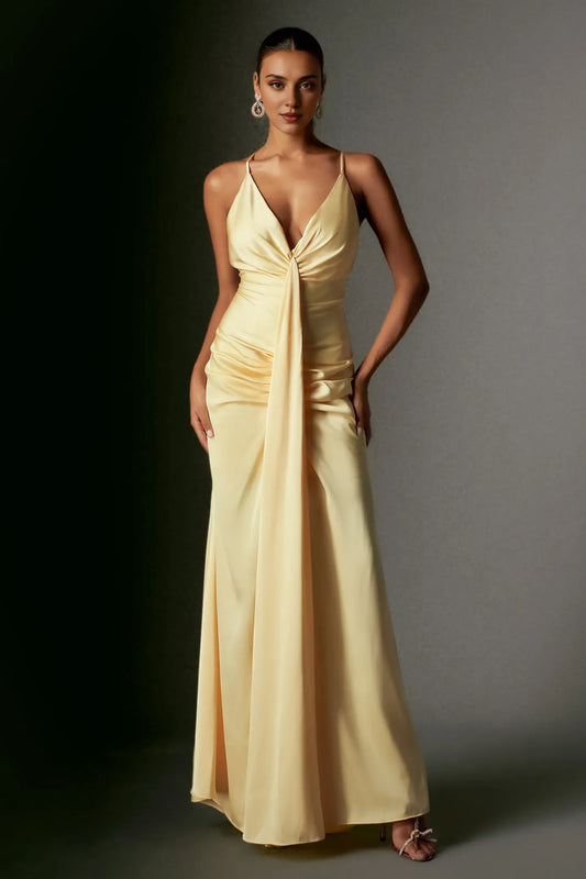 Dress Spaghetti Straps Deep V Halter Satin Maxi Dress With Hight Slit Prom Dress