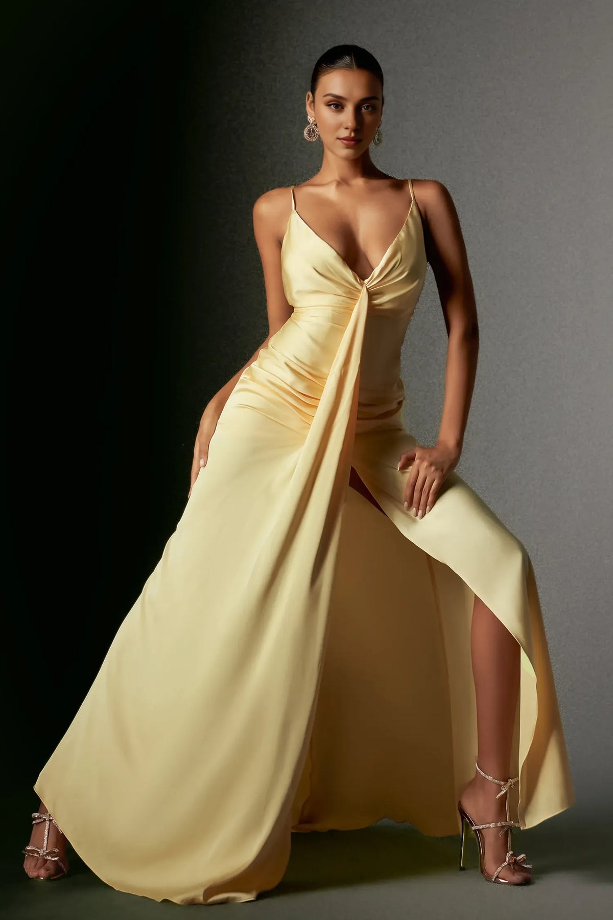 Dress Spaghetti Straps Deep V Halter Satin Maxi Dress With Hight Slit Prom Dress