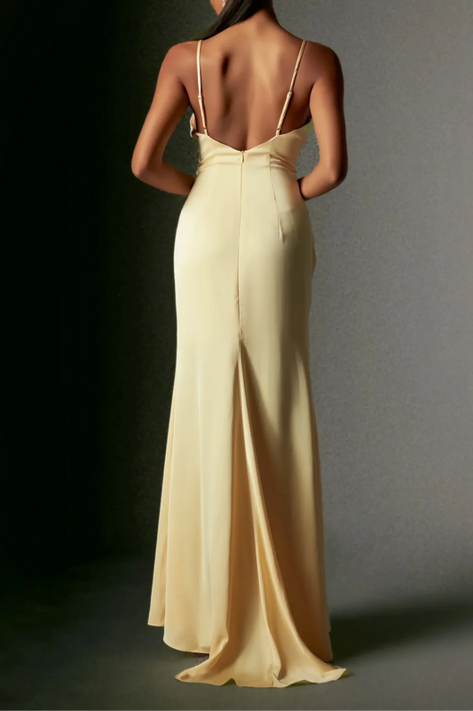 Dress Spaghetti Straps Deep V Halter Satin Maxi Dress With Hight Slit Prom Dress