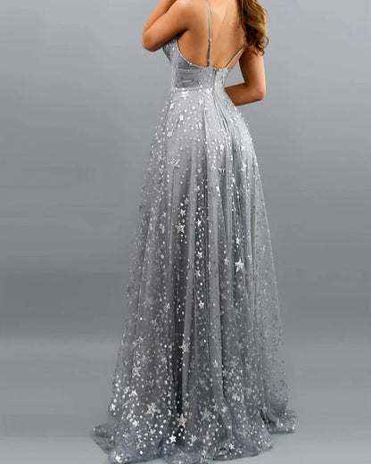Dress Spaghetti Straps Dusty Blue V-Neck Long Party Dress Sleeveless With Sequins Prom Dress