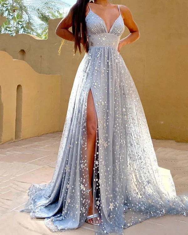 Dress Spaghetti Straps Dusty Blue V-Neck Long Party Dress Sleeveless With Sequins Prom Dress