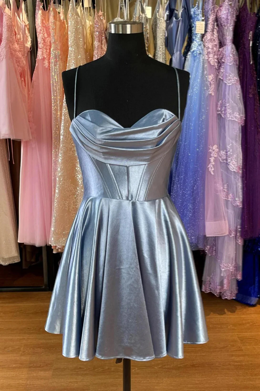 Dress Spaghetti Straps Grey Cowl Neck Short A-line Princess Dress Sleeveless Crisscross Back Homecoming Dress