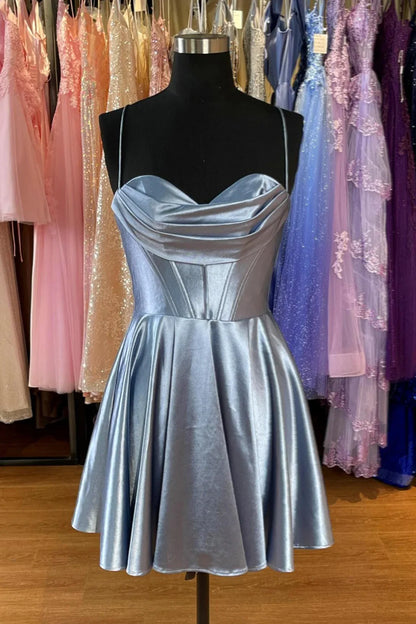 Dress Spaghetti Straps Grey Cowl Neck Short A-line Princess Dress Sleeveless Crisscross Back Homecoming Dress