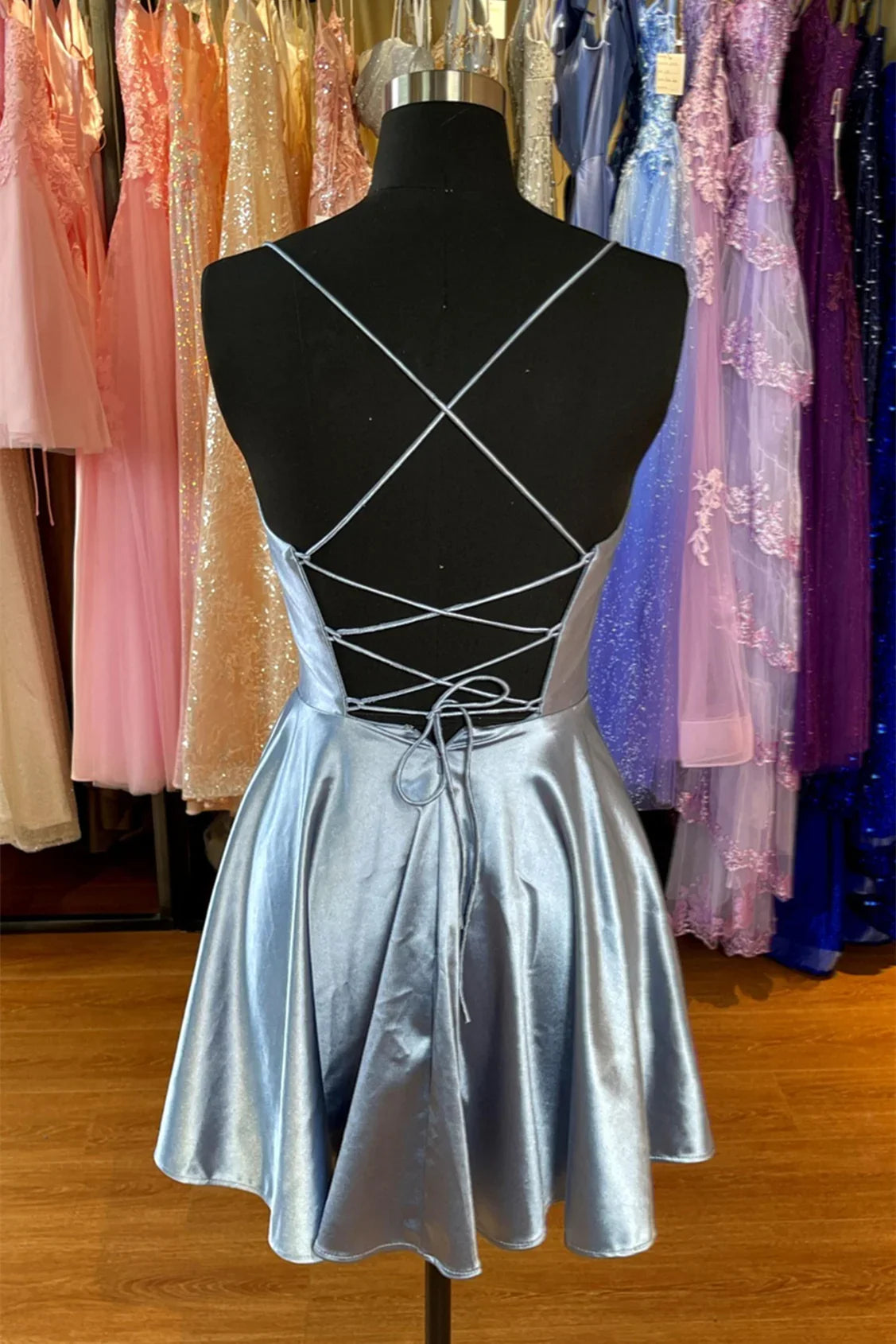 Dress Spaghetti Straps Grey Cowl Neck Short A-line Princess Dress Sleeveless Crisscross Back Homecoming Dress