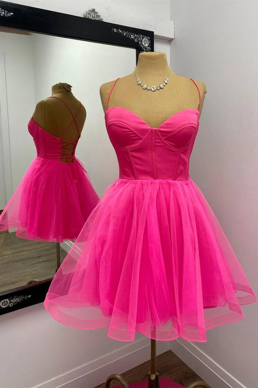 Dress Spaghetti Straps Hot Pink Corset A-line Short Princess Dress Sleeveless Homecoming Dress