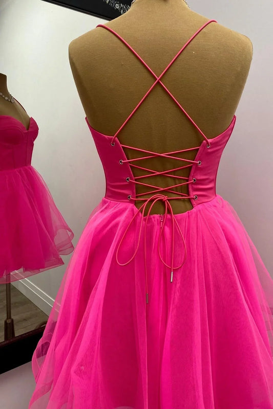 Dress Spaghetti Straps Hot Pink Corset A-line Short Princess Dress Sleeveless Homecoming Dress