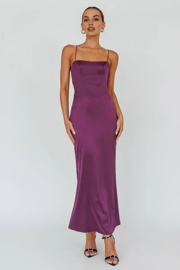 Dress Spaghetti Straps Lace-Up Back Maxi Dress Plum Sleeveless Prom Dress