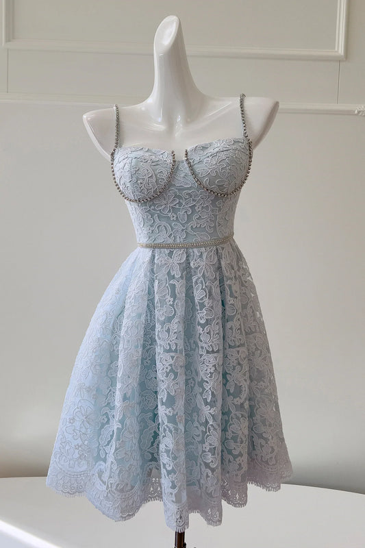 Dress Spaghetti Straps Light Blue Lace Short Dress Sleeveless Zip-Up Back Homecoming Dress