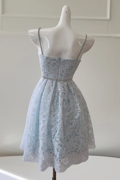 Dress Spaghetti Straps Light Blue Lace Short Dress Sleeveless Zip-Up Back Homecoming Dress