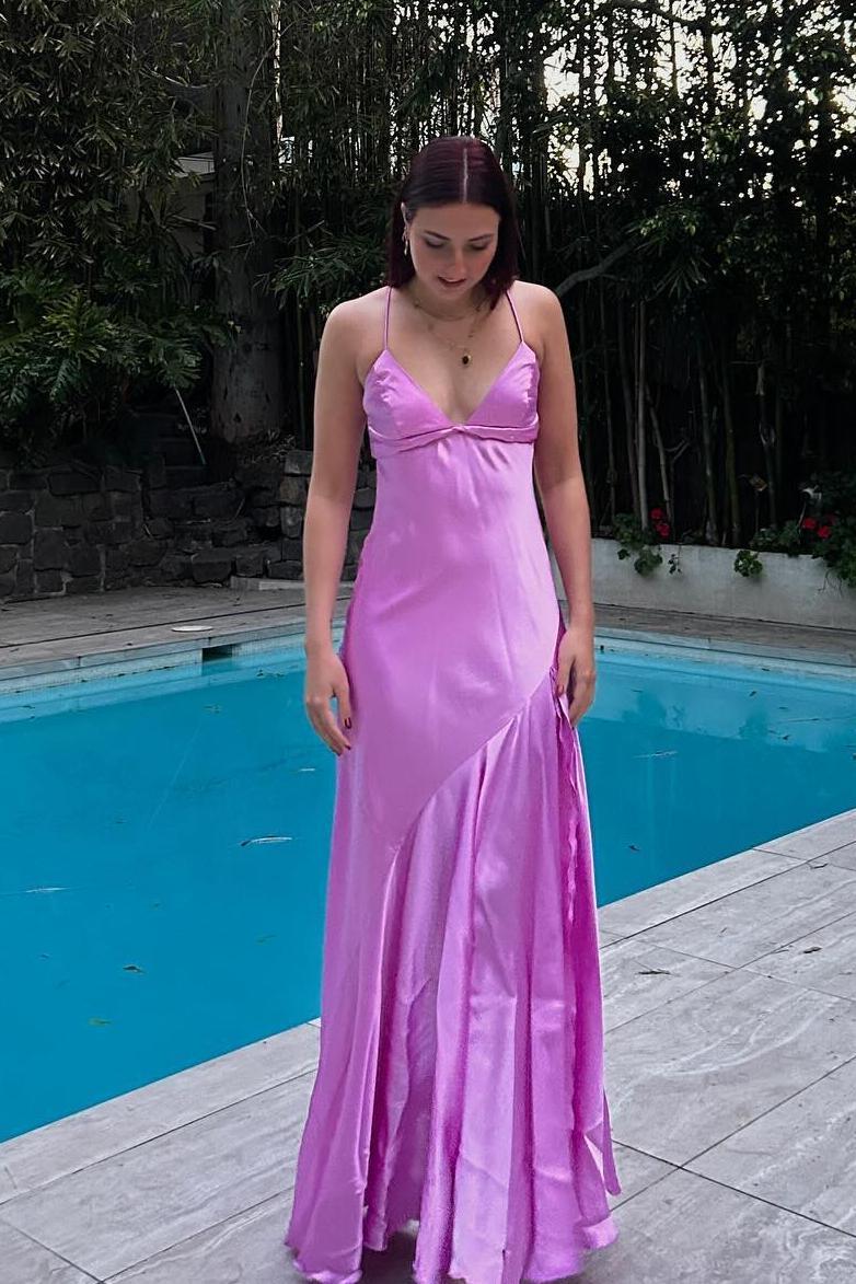 Dress Spaghetti Straps Lilac Satin Sleeveless Party Dress With Slit Maxi Dress Prom Dress