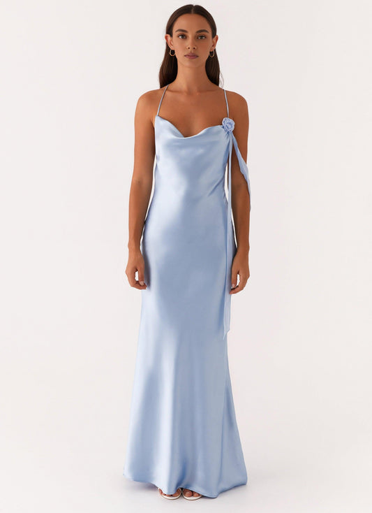 Dress Spaghetti Straps Long Dress Sleeveless Blue Satin Backless Prom Dress With Flowers Embellishment