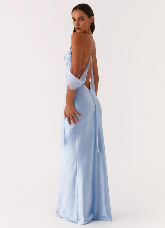 Dress Spaghetti Straps Long Dress Sleeveless Blue Satin Backless Prom Dress With Flowers Embellishment