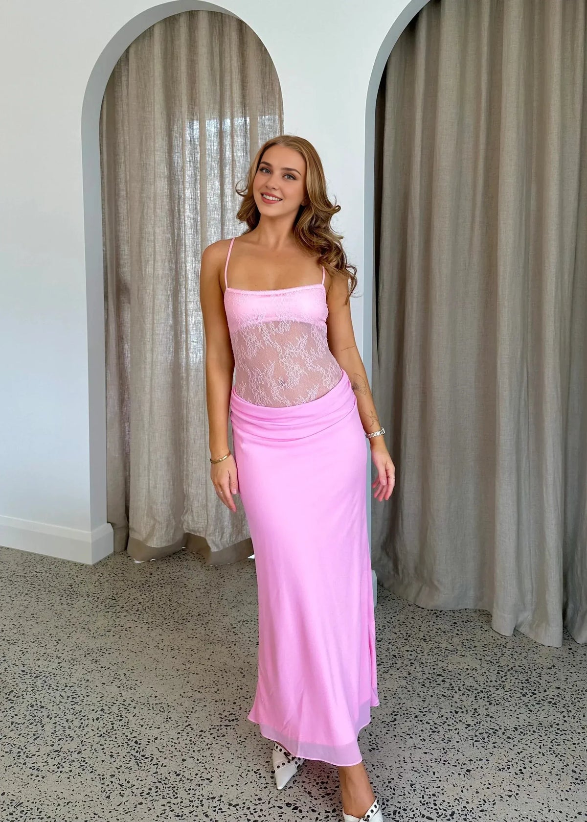 Dress Spaghetti Straps Maxi Dress Pink Summer Vacation Sleeveless Lace Waist Prom Dress