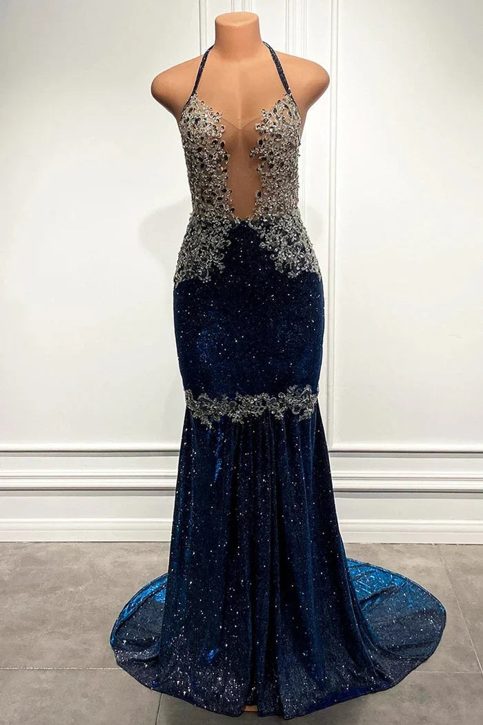 Dress Spaghetti Straps Mermaid Evening Dress Sleeveless Royal Blue Vintage Sweep Brush Train Prom Dress