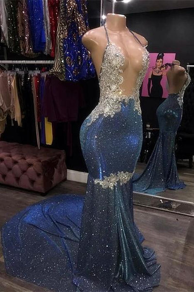 Dress Spaghetti Straps Mermaid Evening Dress Sleeveless Royal Blue Vintage Sweep Brush Train Prom Dress