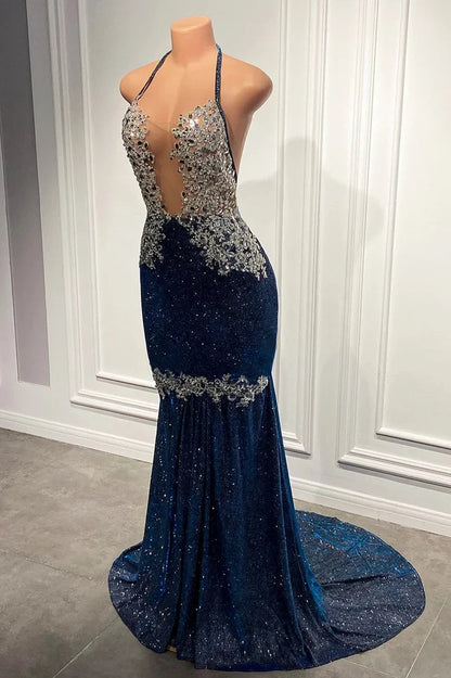 Dress Spaghetti Straps Mermaid Evening Dress Sleeveless Royal Blue Vintage Sweep Brush Train Prom Dress
