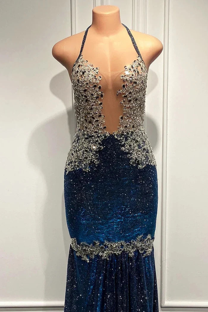Dress Spaghetti Straps Mermaid Evening Dress Sleeveless Royal Blue Vintage Sweep Brush Train Prom Dress