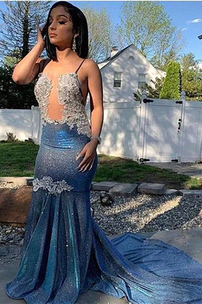 Dress Spaghetti Straps Mermaid Evening Dress Sleeveless Royal Blue Vintage Sweep Brush Train Prom Dress