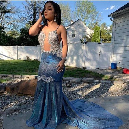 Dress Spaghetti Straps Mermaid Evening Dress Sleeveless Royal Blue Vintage Sweep Brush Train Prom Dress