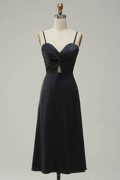 Dress Spaghetti Straps Midi Simple Prom Dress Sleeveless Solid Color Hollow Out Party Dress