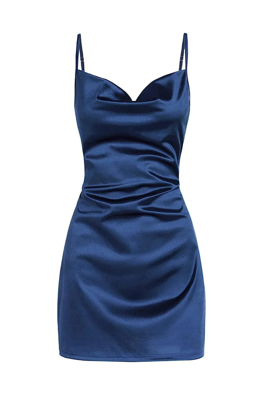 Dress Spaghetti Straps Navy Blue Cowl Neck Short Party Dress Lace-Up Back Homecoming Dress