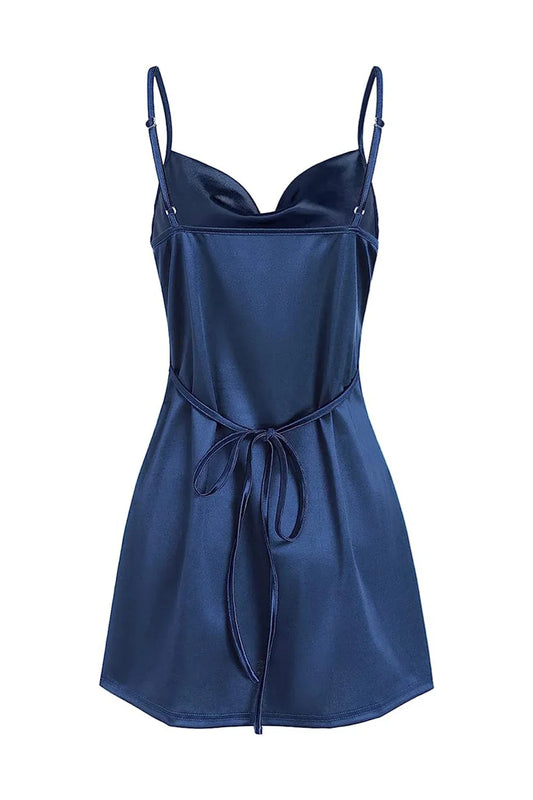 Dress Spaghetti Straps Navy Blue Cowl Neck Short Party Dress Lace-Up Back Homecoming Dress