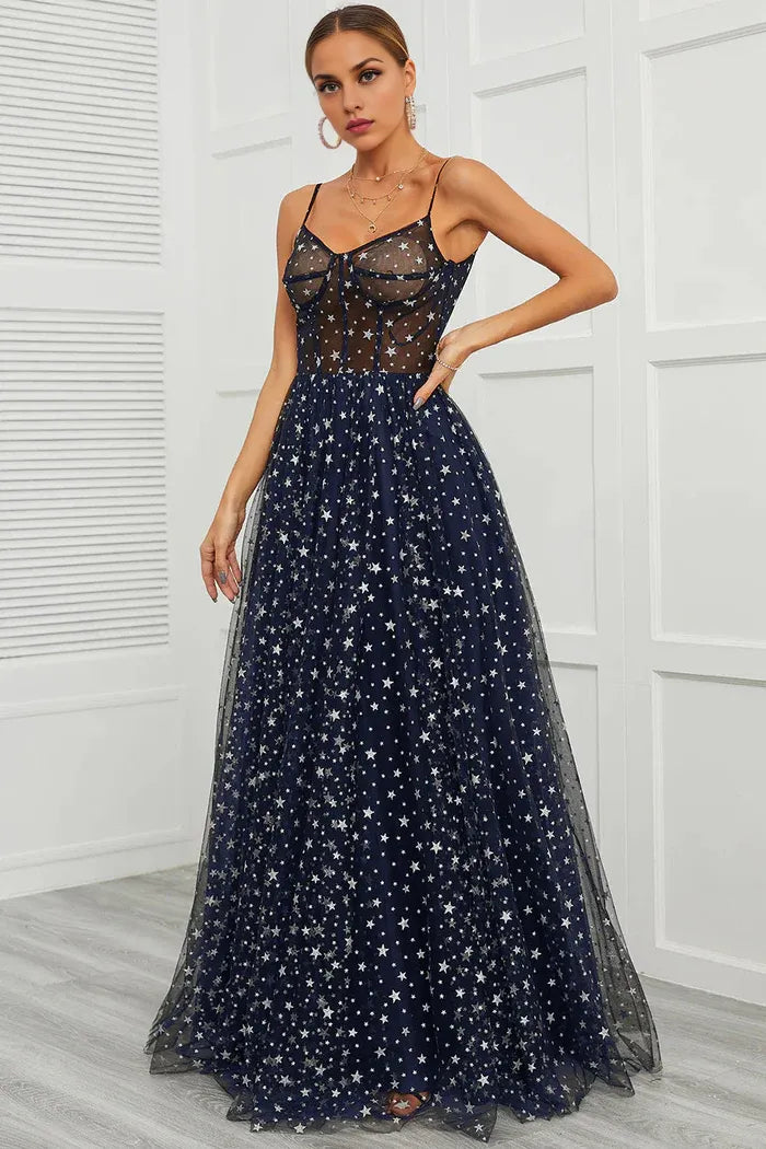 Dress Spaghetti Straps Navy Long Party Dress With Star Sleeveless Prom Dress