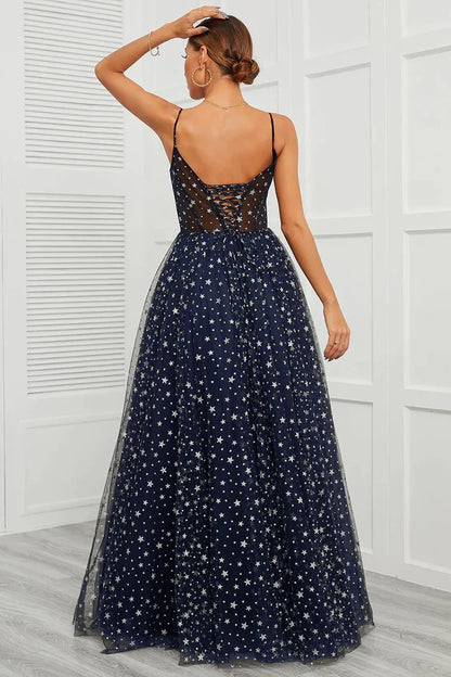 Dress Spaghetti Straps Navy Long Party Dress With Star Sleeveless Prom Dress