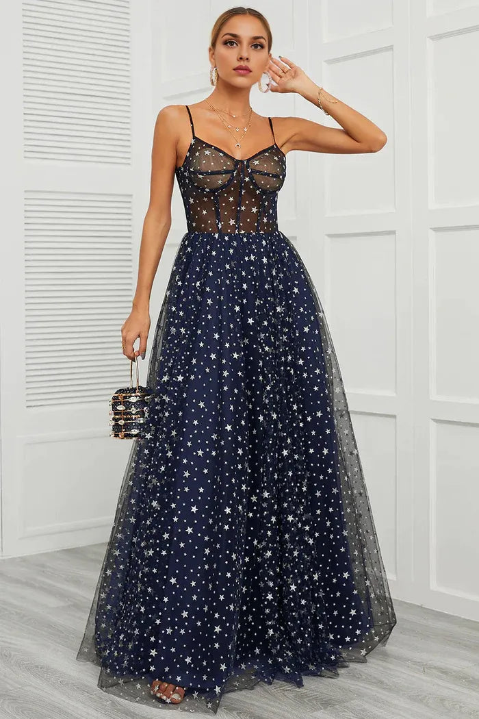 Dress Spaghetti Straps Navy Long Party Dress With Star Sleeveless Prom Dress