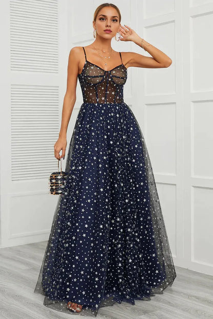 Dress Spaghetti Straps Navy Long Party Dress With Star Sleeveless Prom Dress
