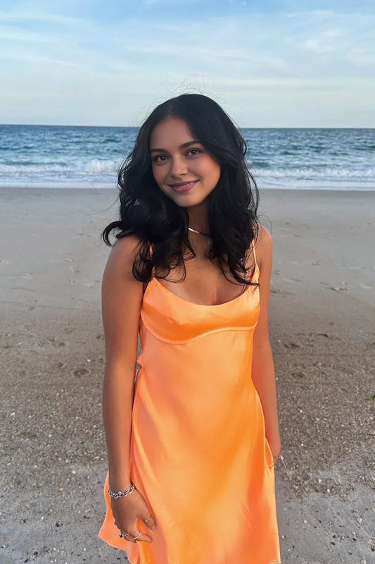 Dress Spaghetti Straps Orange A-line Satin Short Dress Homecoming Dress
