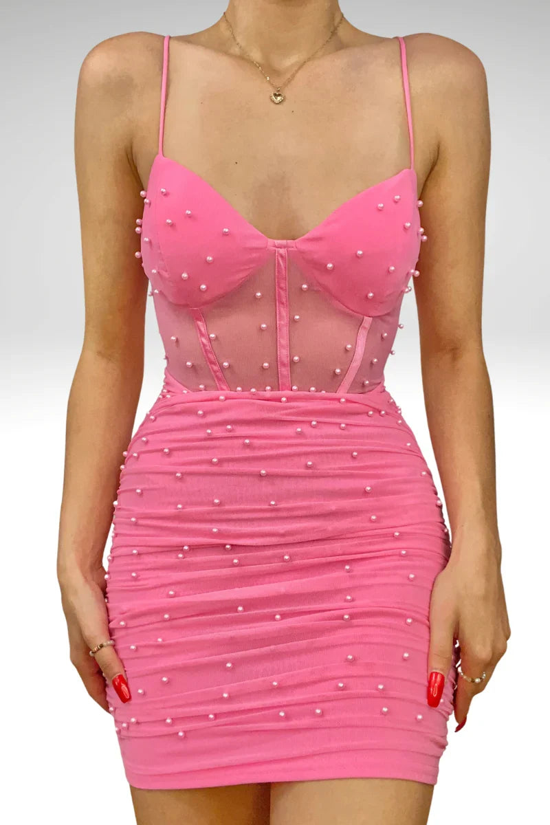 Dress Spaghetti Straps Pink Corset Tight Mini Dress With Pearls Sleeveless Homecoming Dress