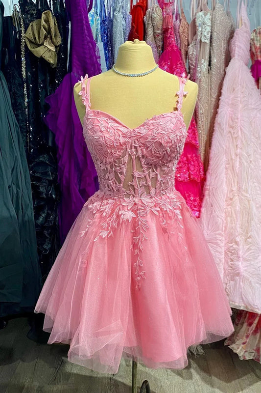 Dress Spaghetti Straps Pink Lace Appliques Short Party Dress Lace-Up Back Homecoming Dress