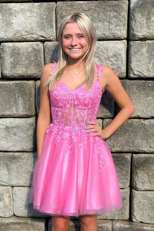 Dress Spaghetti Straps Pink Lace Appliques Short Party Dress Lace-Up Back Homecoming Dress