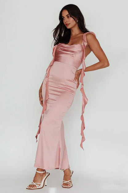 Dress Spaghetti Straps Pink Maxi Dress Sleeveless Mermaid Prom Dress Flutter Ruffle