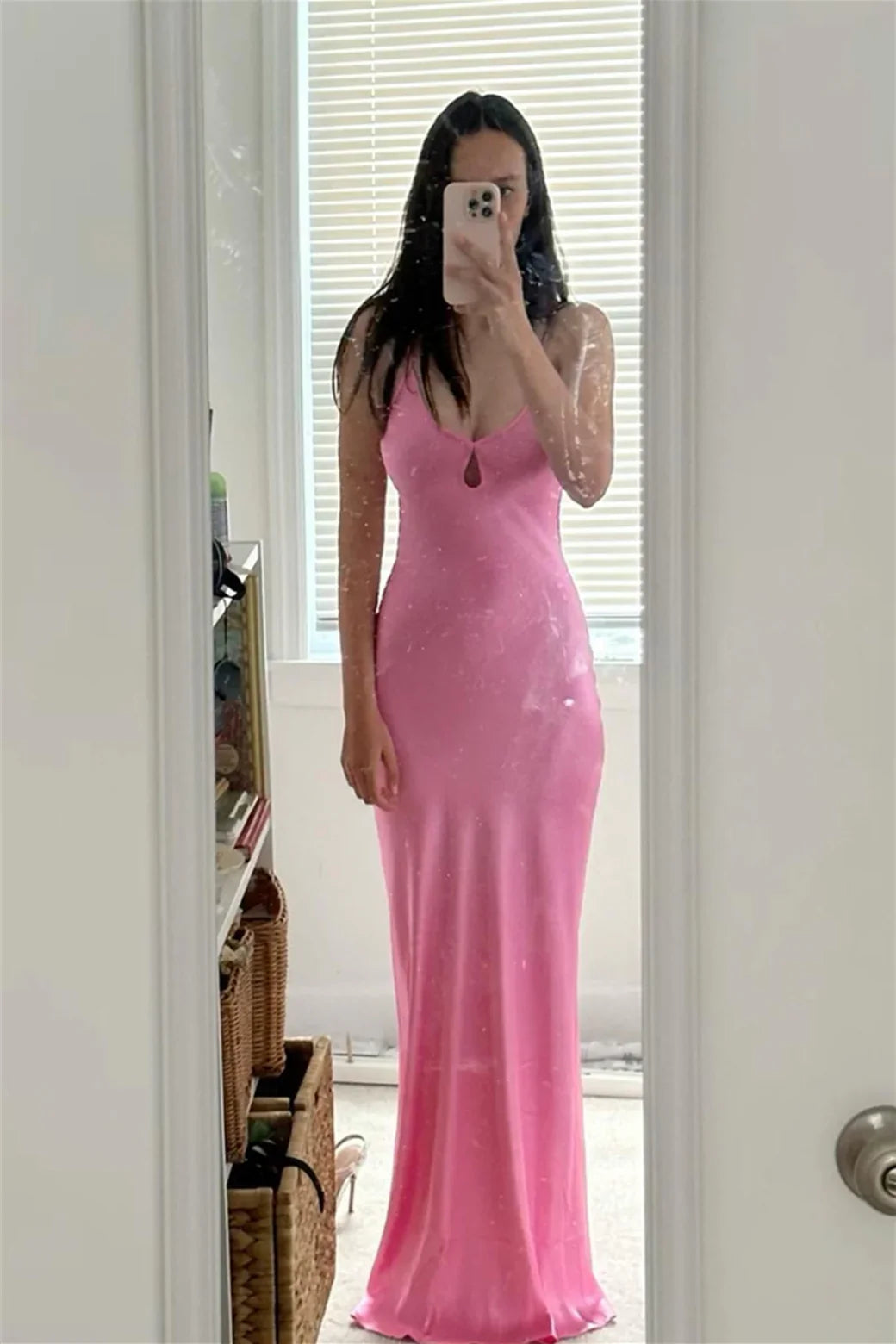 Dress Spaghetti Straps Pink Sheath Long Dress with Keyhole Prom Dress