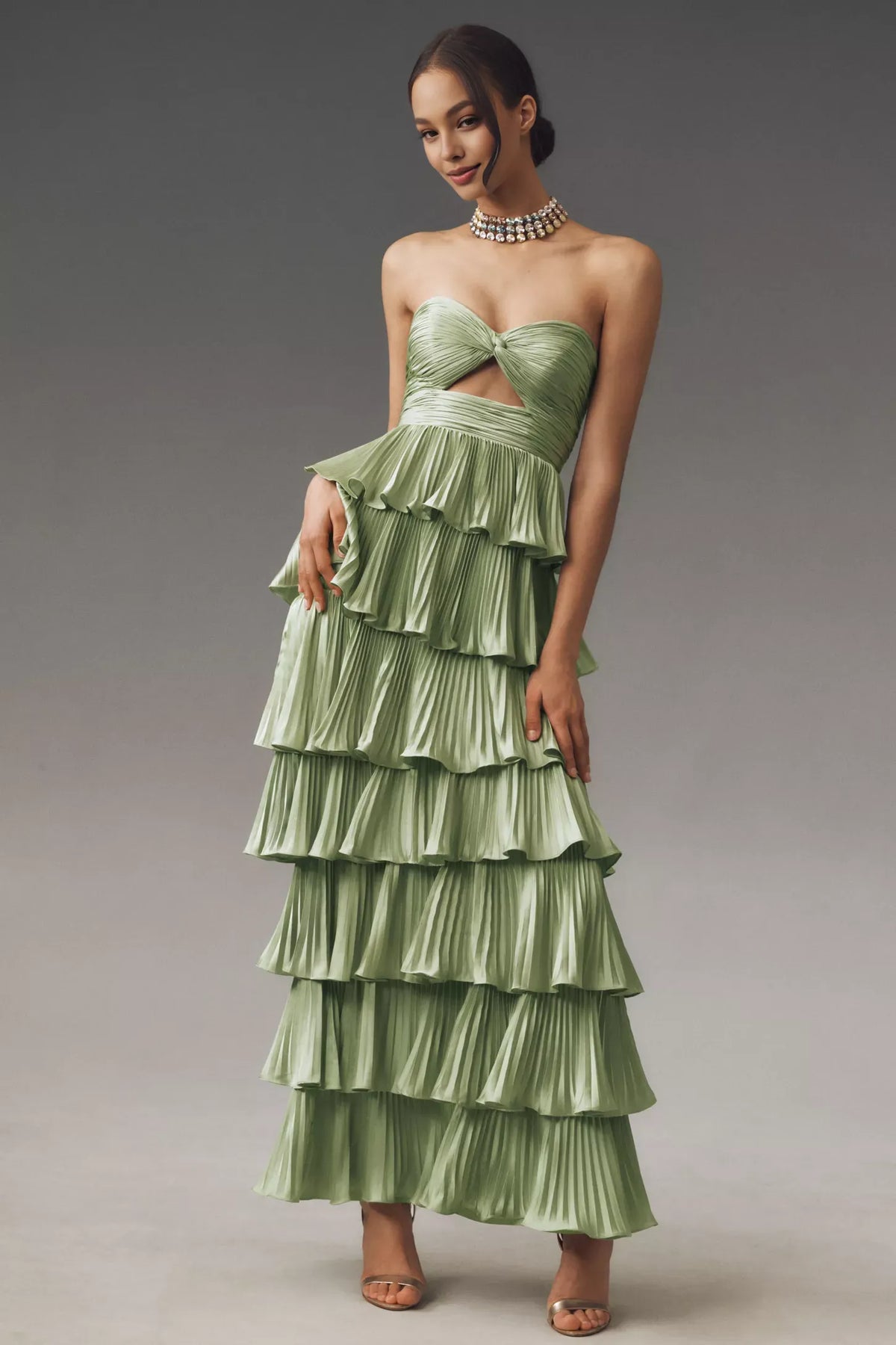 Dress Spaghetti Straps Pleated Strapless Tiered Maxi Dress Keyhole Cutout Sage Prom Dress