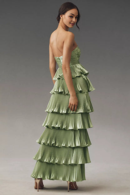 Dress Spaghetti Straps Pleated Strapless Tiered Maxi Dress Keyhole Cutout Sage Prom Dress