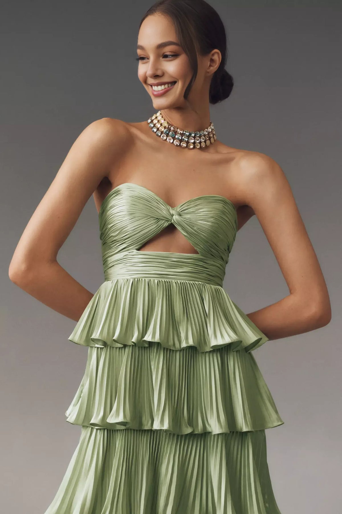 Dress Spaghetti Straps Pleated Strapless Tiered Maxi Dress Keyhole Cutout Sage Prom Dress