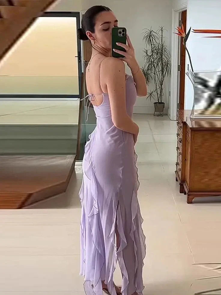 Dress Spaghetti Straps Purple Tassel Prom Dress With Split