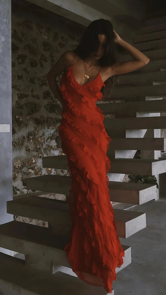 Dress Spaghetti Straps Red Long Prom Dresses Ruffles Sheath Evening Formal Gown