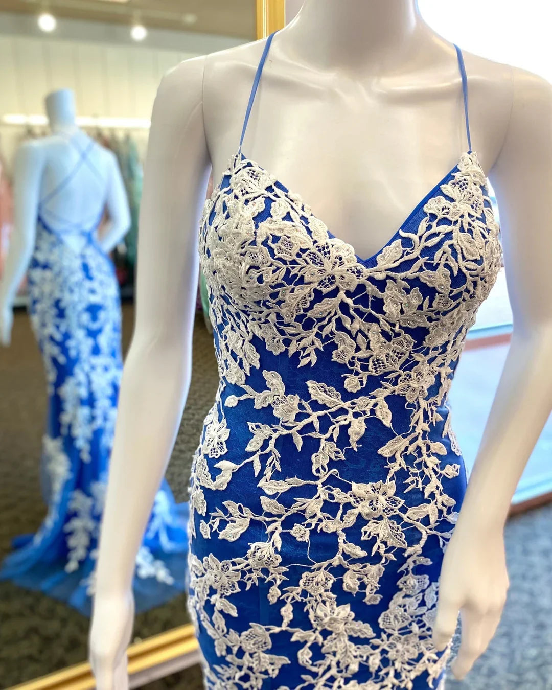Dress Spaghetti Straps Royal Blue and White Lace Mermaid Backless Formal Dress Prom Dress