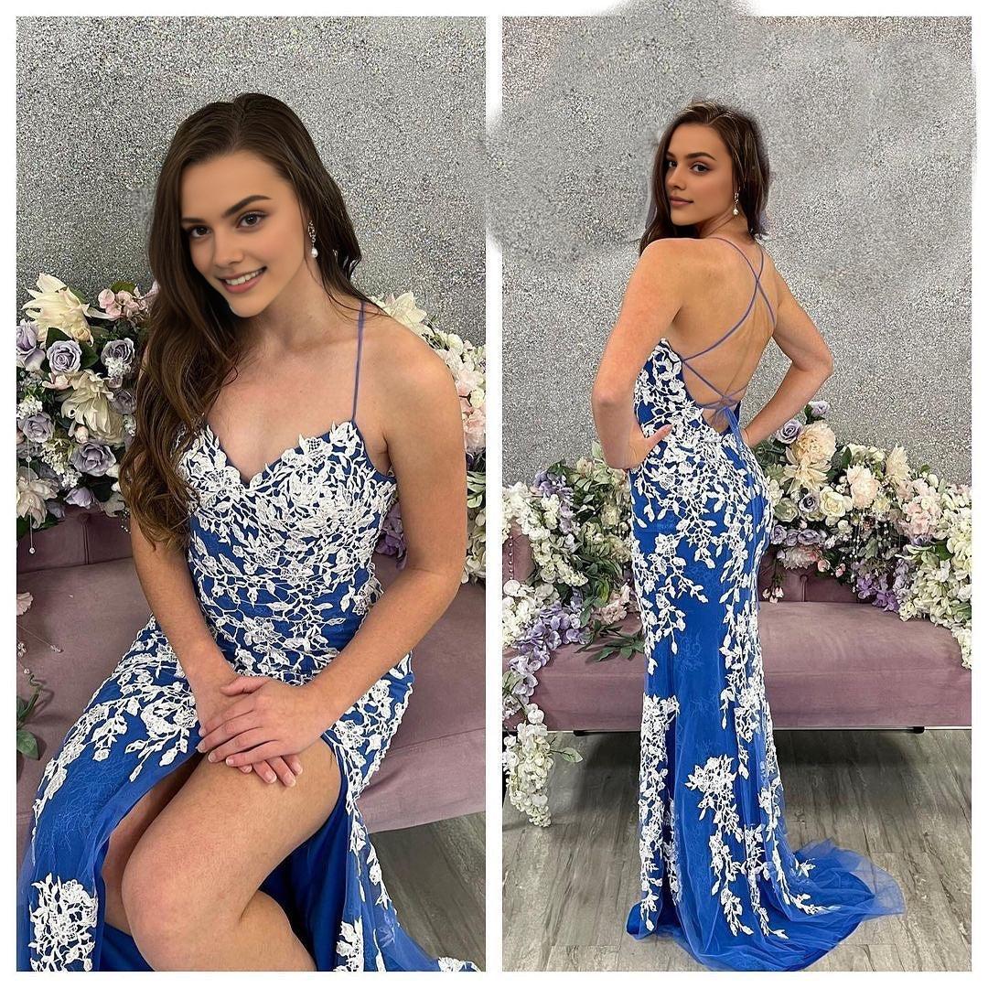 Dress Spaghetti Straps Royal Blue and White Lace Mermaid Backless Formal Dress Prom Dress