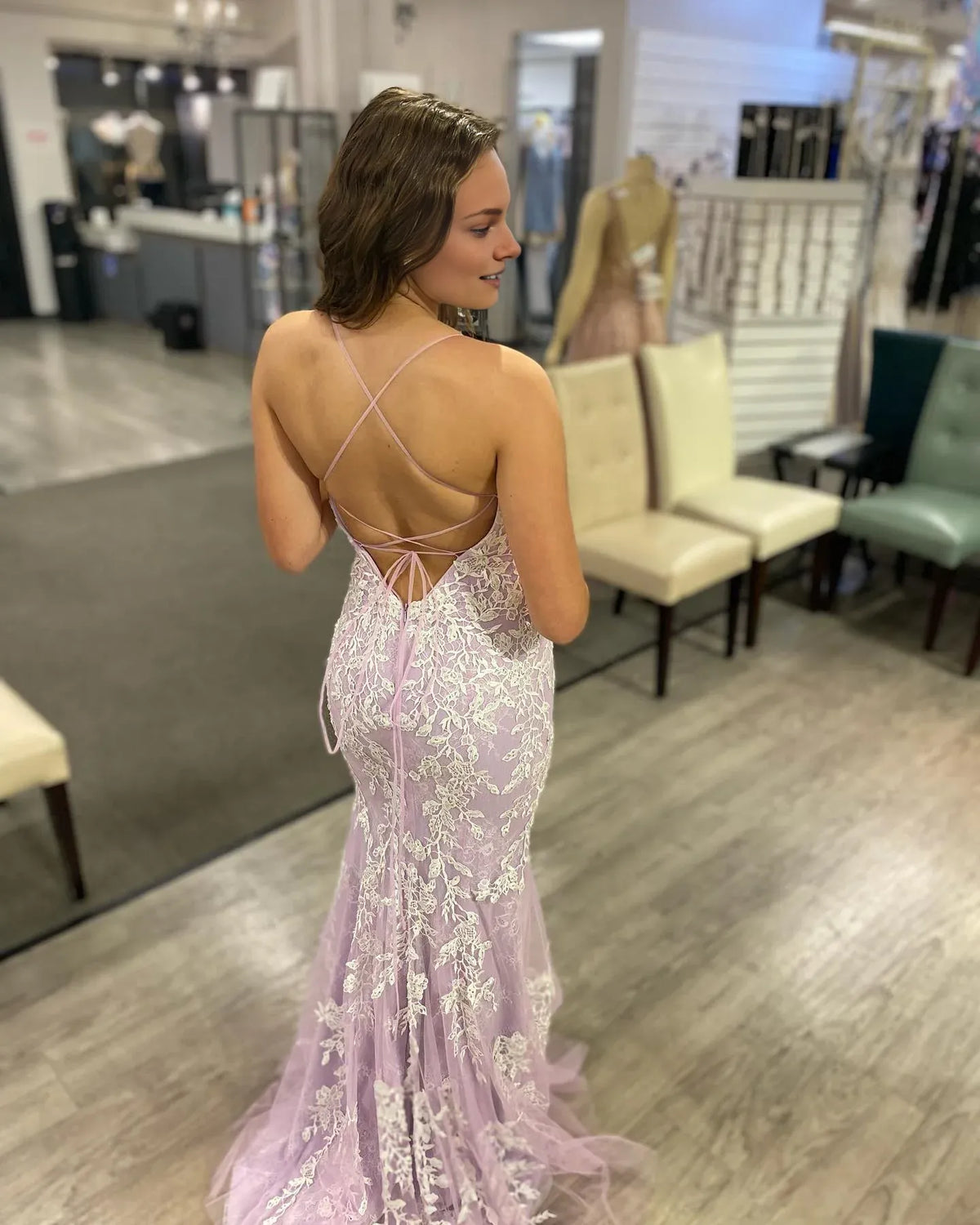 Dress Spaghetti Straps Royal Blue and White Lace Mermaid Backless Formal Dress Prom Dress