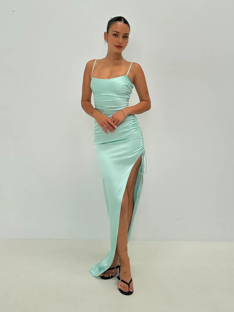Dress Spaghetti Straps Sexy Hight Slit Prom Dress Sheath Sleeveless Floor-Length Solid Color Maxi Dress